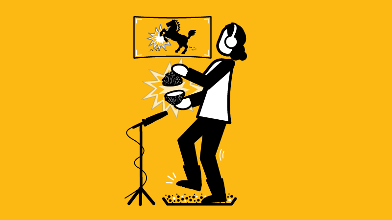 Illustration of a foley artist making sounds with a coconut and gravel in front of a microphone