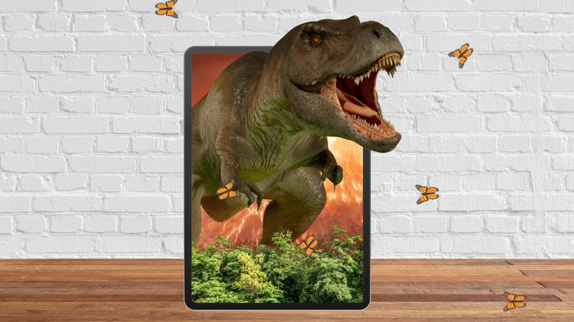 Graphic of a large T-Rex dinosaur bursting out of a mobile phone screen while chasing butterflies